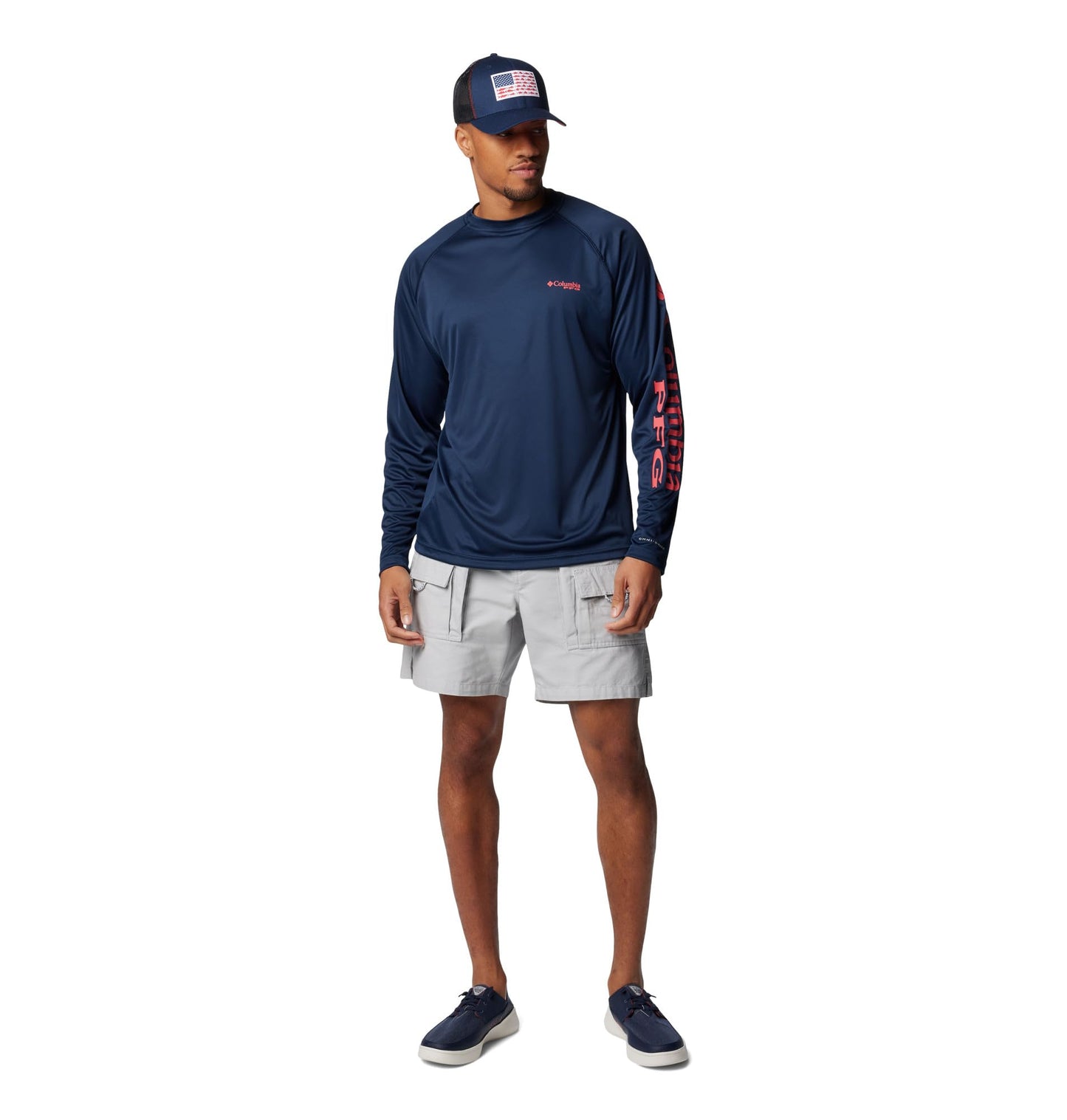 Columbia Men's PFG Terminal Tackle Long Sleeve Fishing Shirt, Collegiate Navy/Sunset Red Logo, 2X