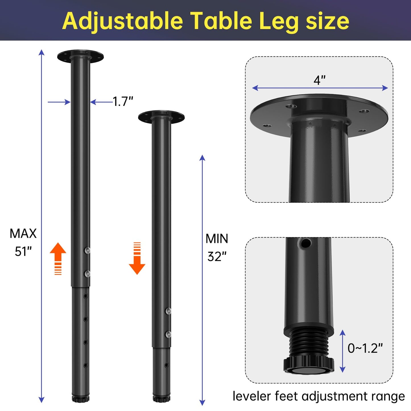 KOMOHOM Adjustable Furniture Leg Set 32~51 Inch, Adjustable Metal Table Leg， Home Office DIY Metal Desk Legs, for Computer Desk Dining Table Office Desk (4, Black)