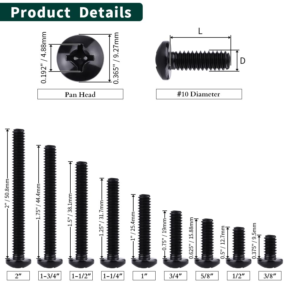 #10-32 x 1 Pan Head Machine Screws Black, Phillips Drive, 304 Stainless Steel 18-8, Black Oxide Coated Finish, Corrosion Resistant Round Head Machine Screws, Full Thread, Coarse Thread, 50 PCS
