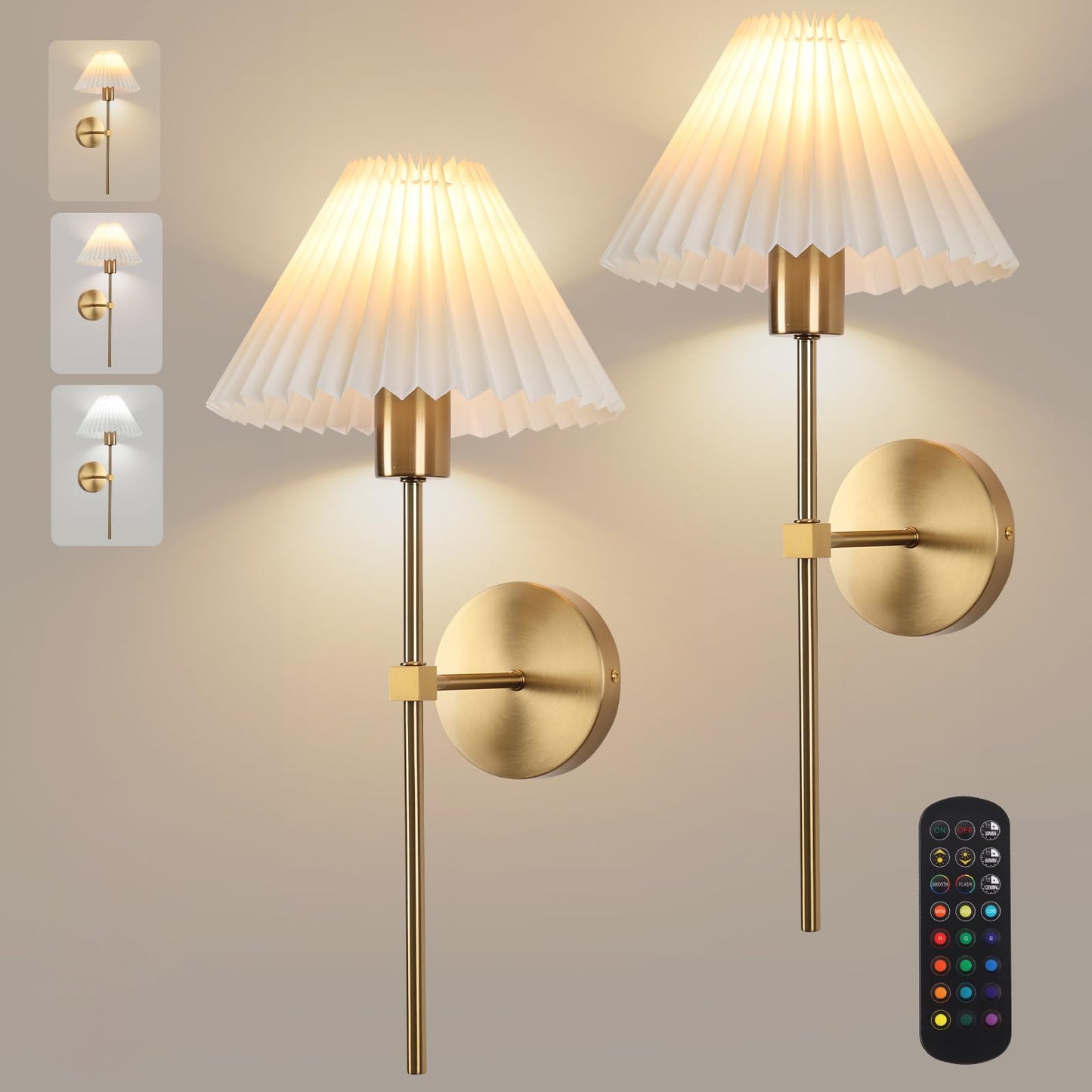 Wireless Wall Sconce Sets of 2, Pleated Shades Rechargeable Battery Operated Wall Sconce, Retro Industrial Gold Wall Lights Bathroom Vanity Sconces, Wall Mounted Lamps for Bedroom Living Room Kitchen