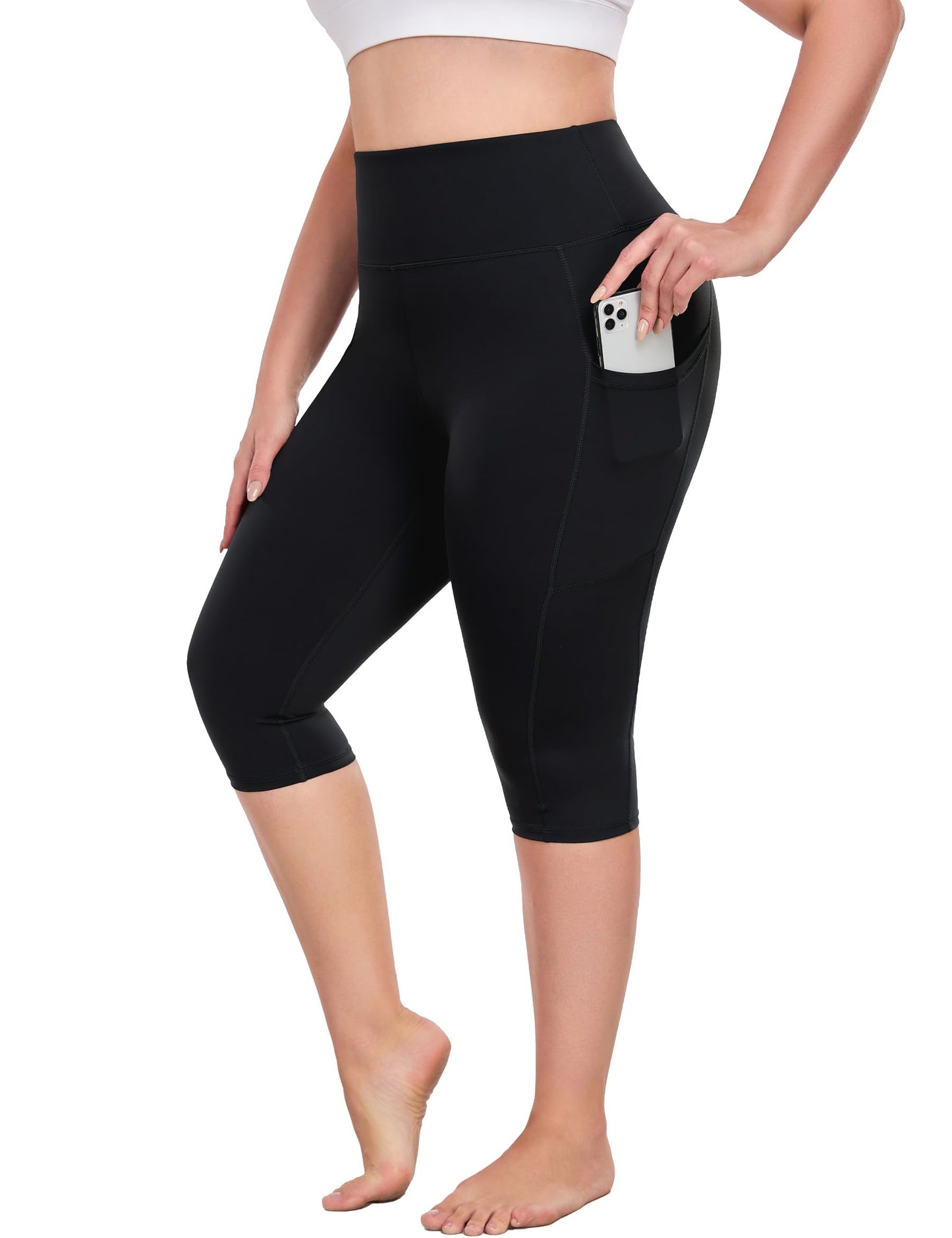 Plus Size Leggings with Pockets, Black Capris for Women, Knee Length Yoga Pants Tummy Control, High Waist Stretch Workout Clothes for Gym 4X