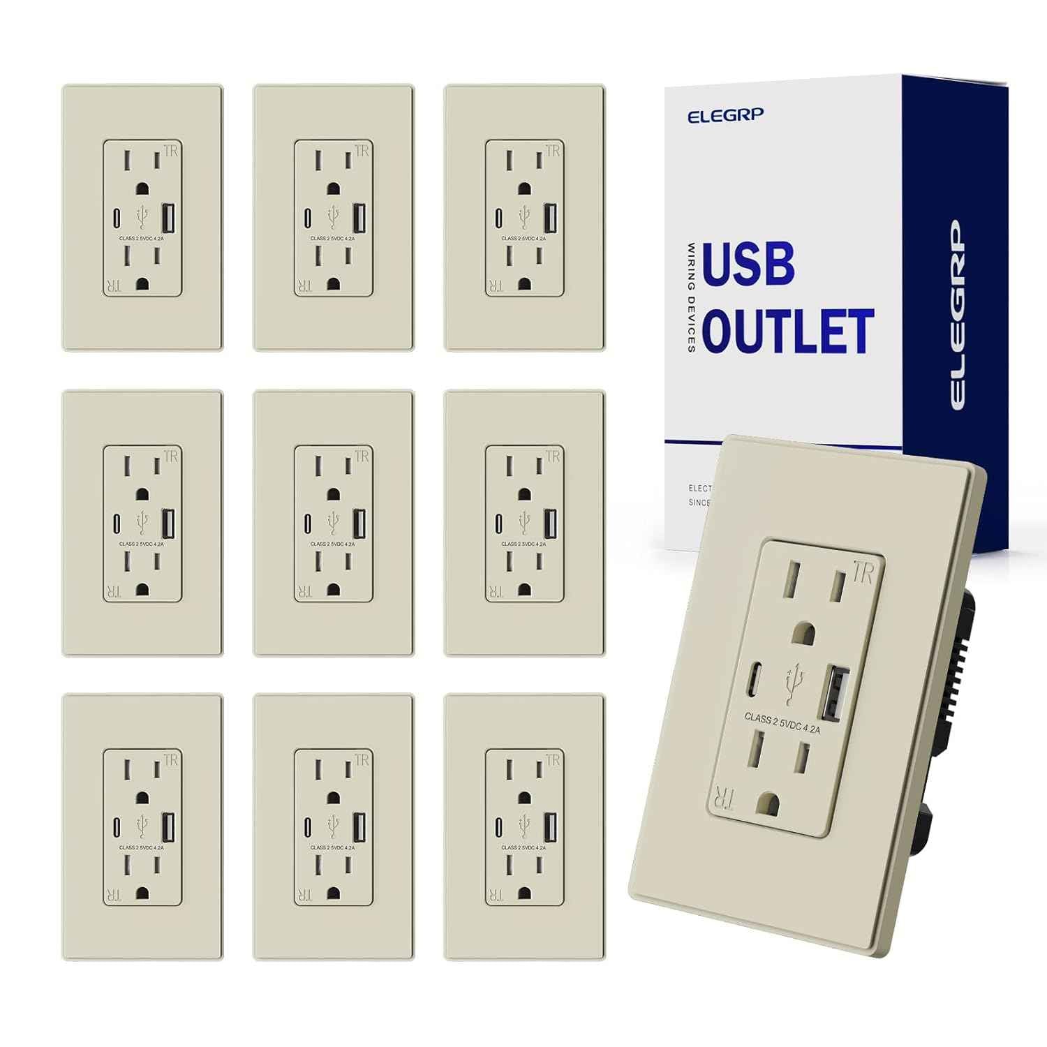 USB Wall Charger Outlet with A & C Ports - 15A Tamper Resistant, UL Listed, 6 Pack, Light Almond
