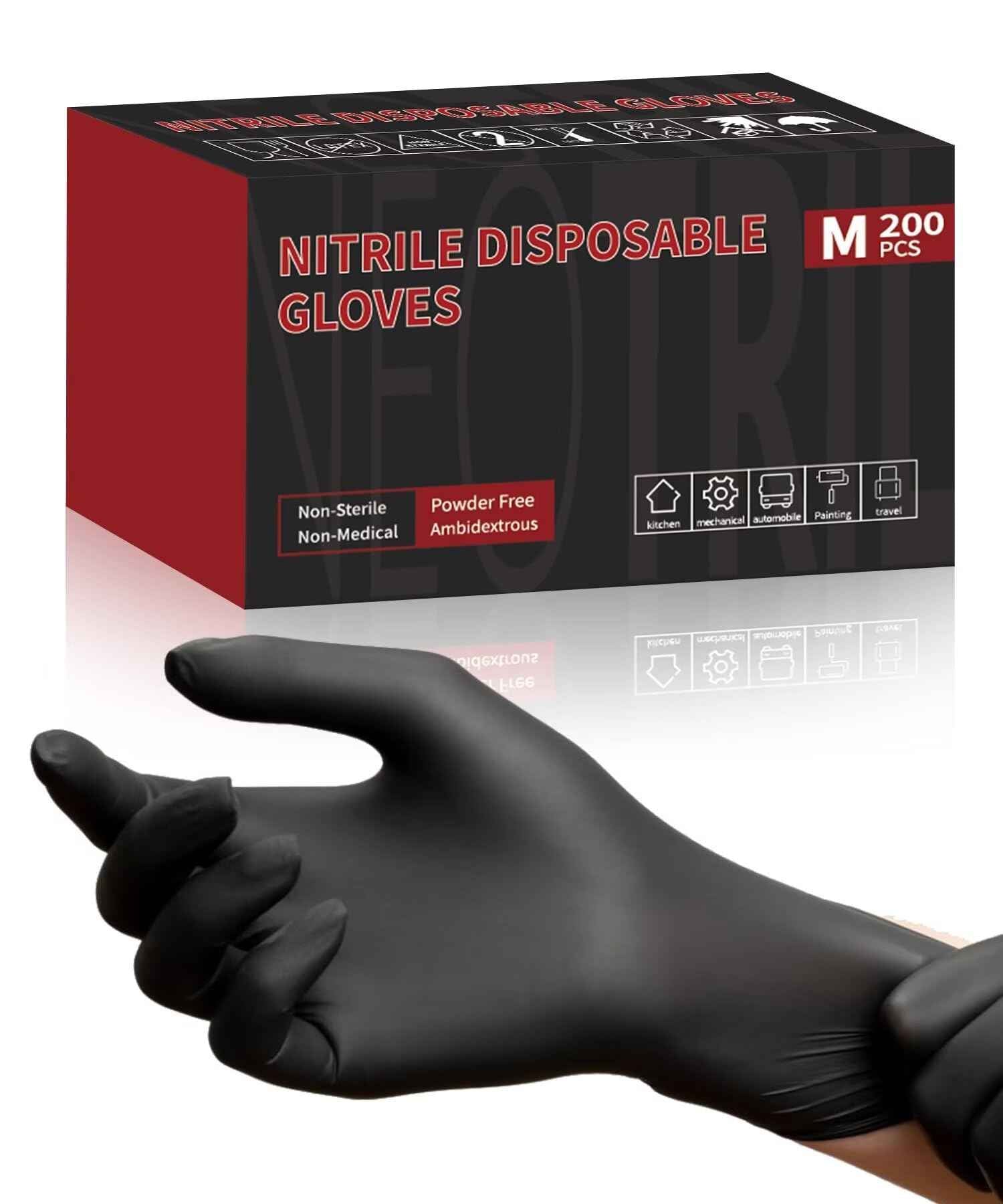 NEOTRIL 4-Mil Black Nitrile Disposable Gloves with Textured Grip, Latex Free & Powder Free, Chemical Resistant Rubber Gloves for Household Cleaning Kitchen Cooking 200Pcs Size/L