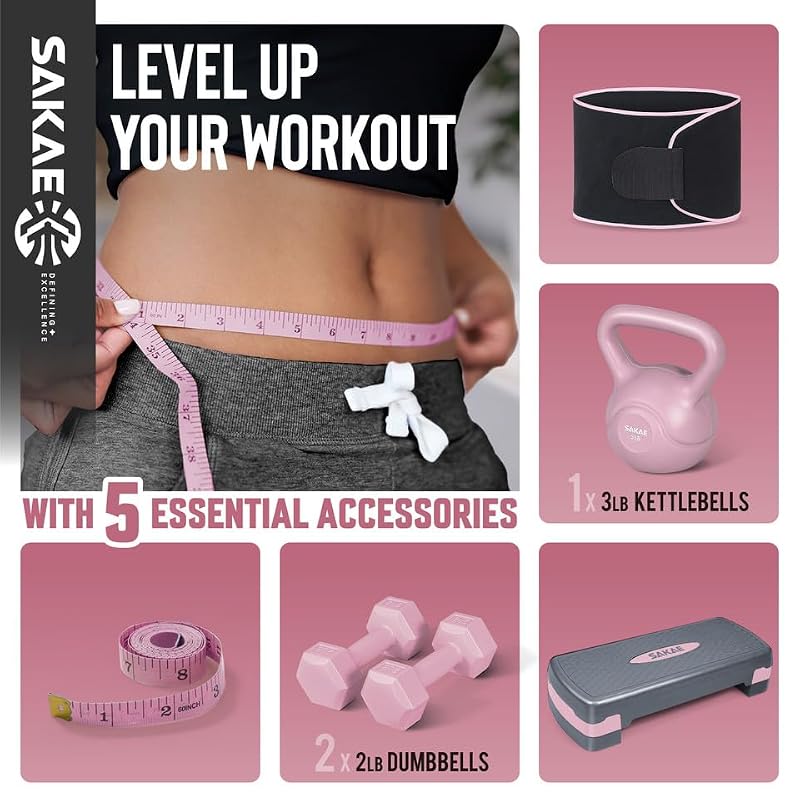 Adjustable Height Aerobic Stepper Set with Dumbbells & Kettlebell - Pink Grey
