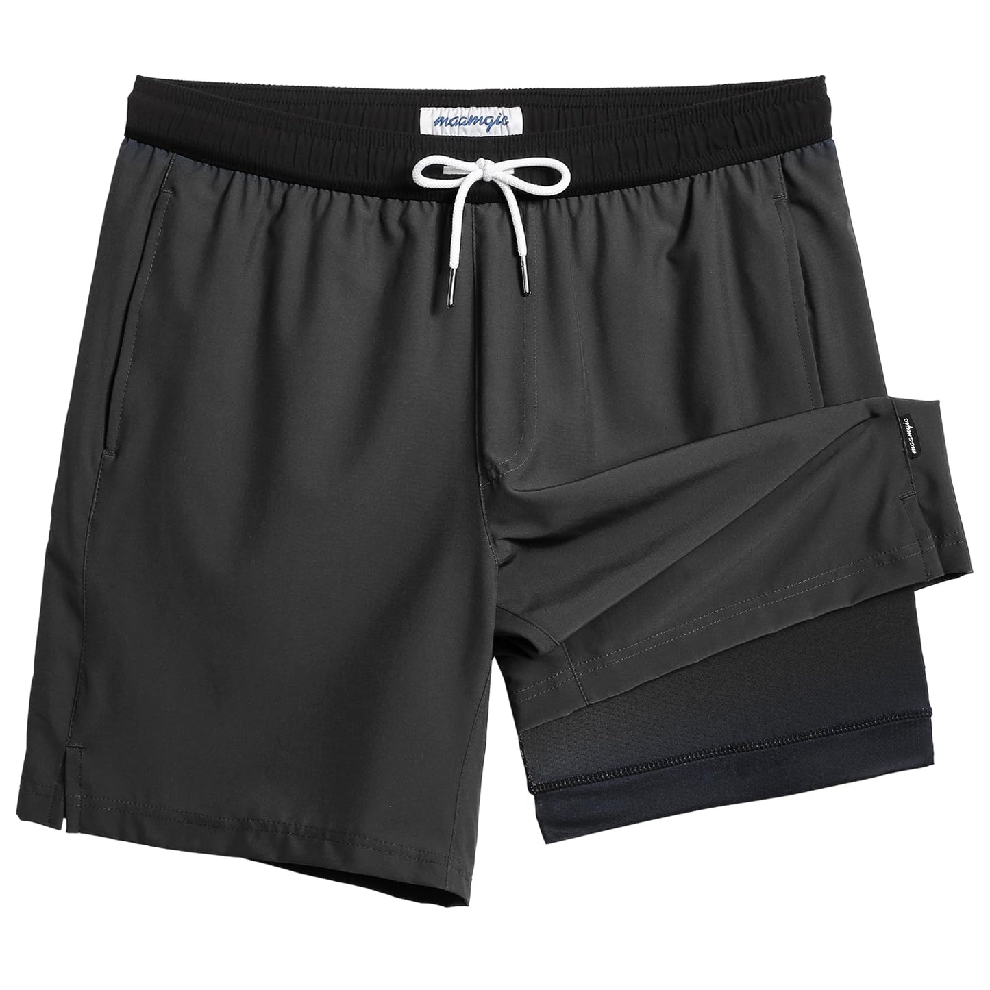maamgic Mens Swim Trunks with Compression Liner 7 Inch Inseam Mens Bathing Suit Quick Dry Swimming Trunks Swimsuit Dark Grey and Black Large