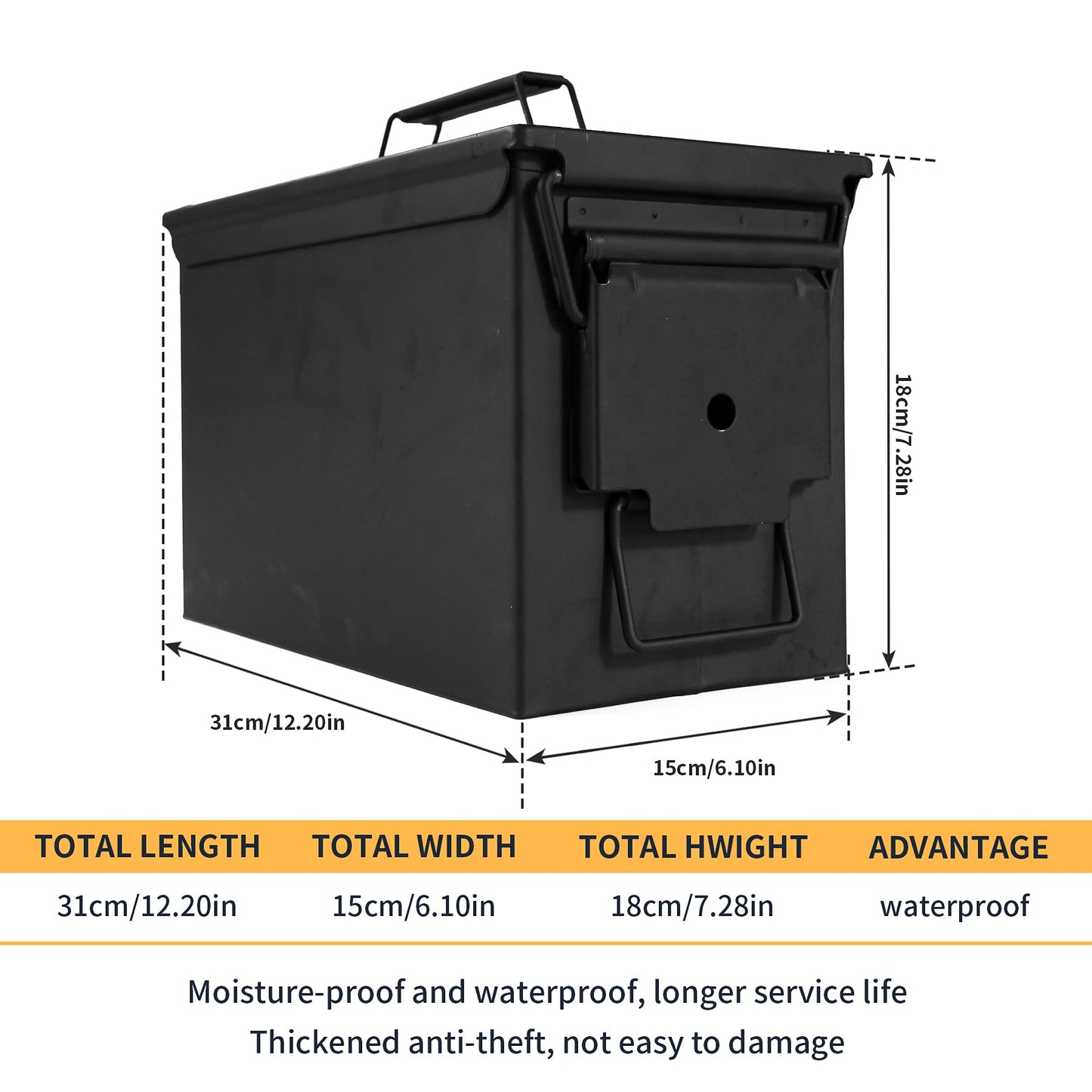 Metal Ammo Can 50 Cal, Waterproof Airtight Ammo Containers Case, Black