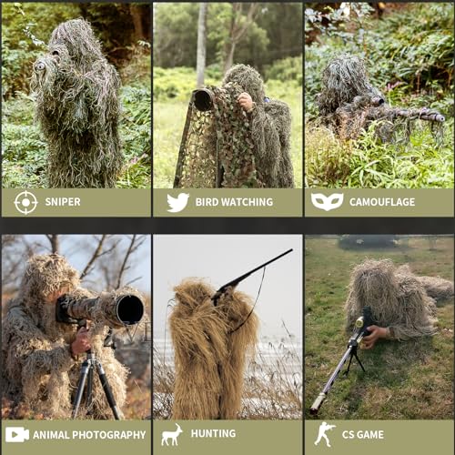 EAmber Youth & Adult Ghillie Suit for Hunting & Camouflage - Green Leafy Forest, Height 5.9-6.3 ft