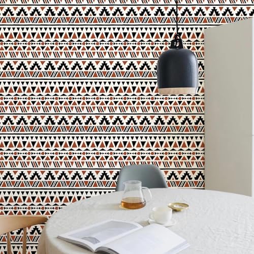 wishFIRE Black and Brown Geometric Boho Peel and Stick Wallpaper 17.3"¡¿120" Tribal Style Contact Paper Removable Waterproof Self-Adhesive Vinyl Film Wallpaper for Bedroom Kitchen