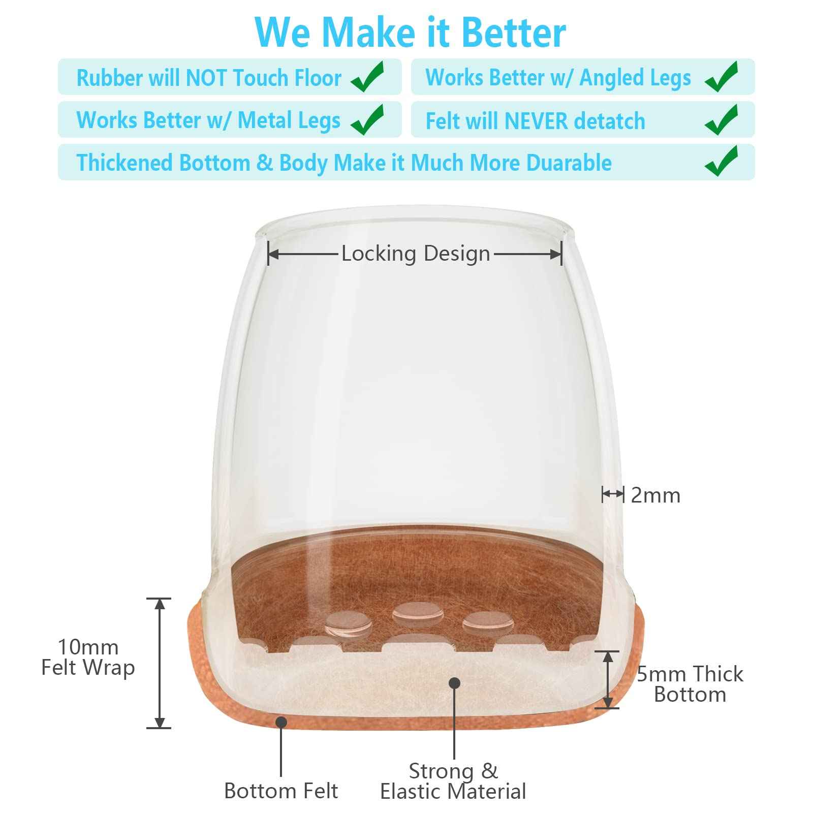 16 Pack Chair Leg Floor Protectors for Hardwood Floors, Round Rubber Furniture Sliders, 360°Felt Pad Bottom Wrapped Thickening Silicone Furniture Legs Caps Covers(Round,Clear-Brown-S)