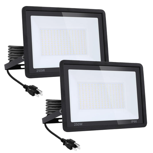 2Pack-250W LED Flood Light Outdoor,27500lm LED Work Light with 6FT US Plug,IP66 Waterproof Exterior Security Lights,6000K Daylight White Outside Floodlights Slim Design for Playground Yard Stadium