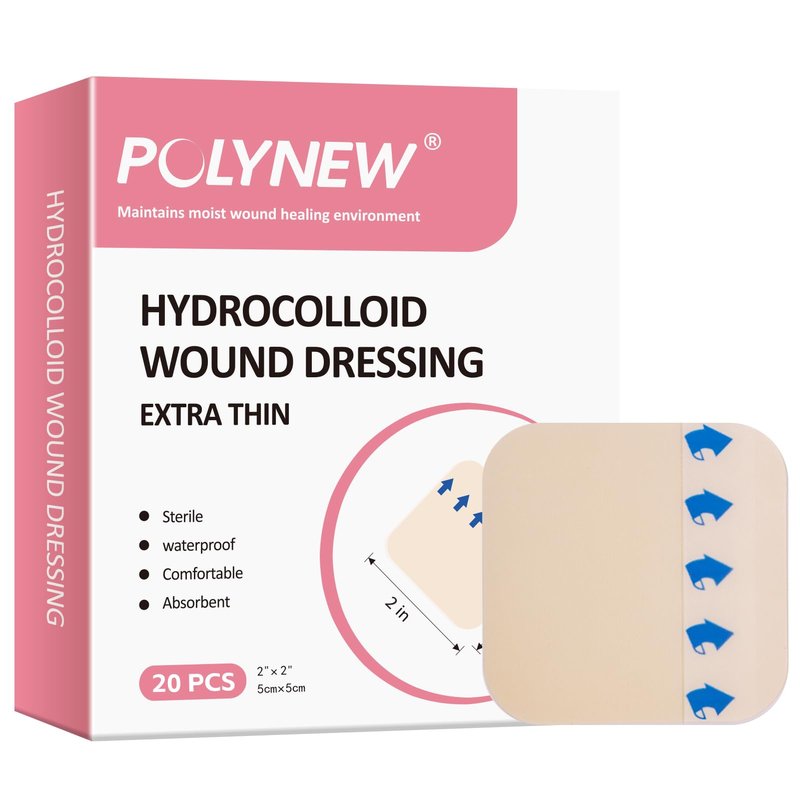 Polynew 2" x 2"-20 Pack Extra Thin Hydrocolloid Dressing for Light Exudate, Hydrocolloid Patches Waterproof Wound Dressing, Adhesive Hydrocolloid Bandages, for Pressure Ulcer, Bed Sore