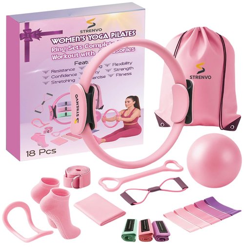 Strenvo Yoga Pilates Ring Set for Home Workouts – 18 Pcs Fitness Kit for Women – Resistance & Toning Accessories with Circle Ring, Ideal for Full Body Toning & Flexibility (Pink)