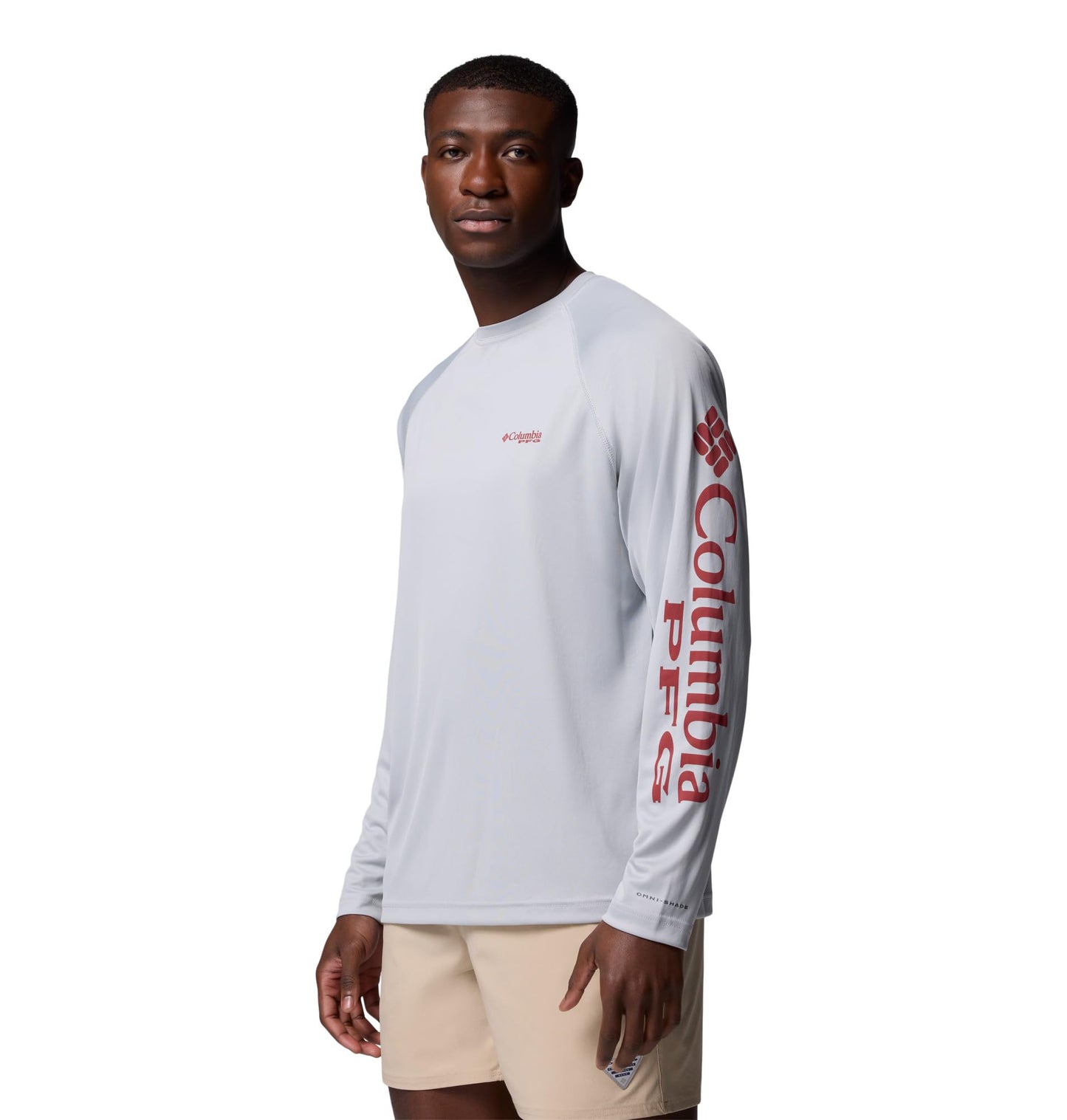 Columbia Men's PFG Terminal Tackle Long Sleeve Fishing Shirt, Cool Grey/Dusty Crimson Logo, Small