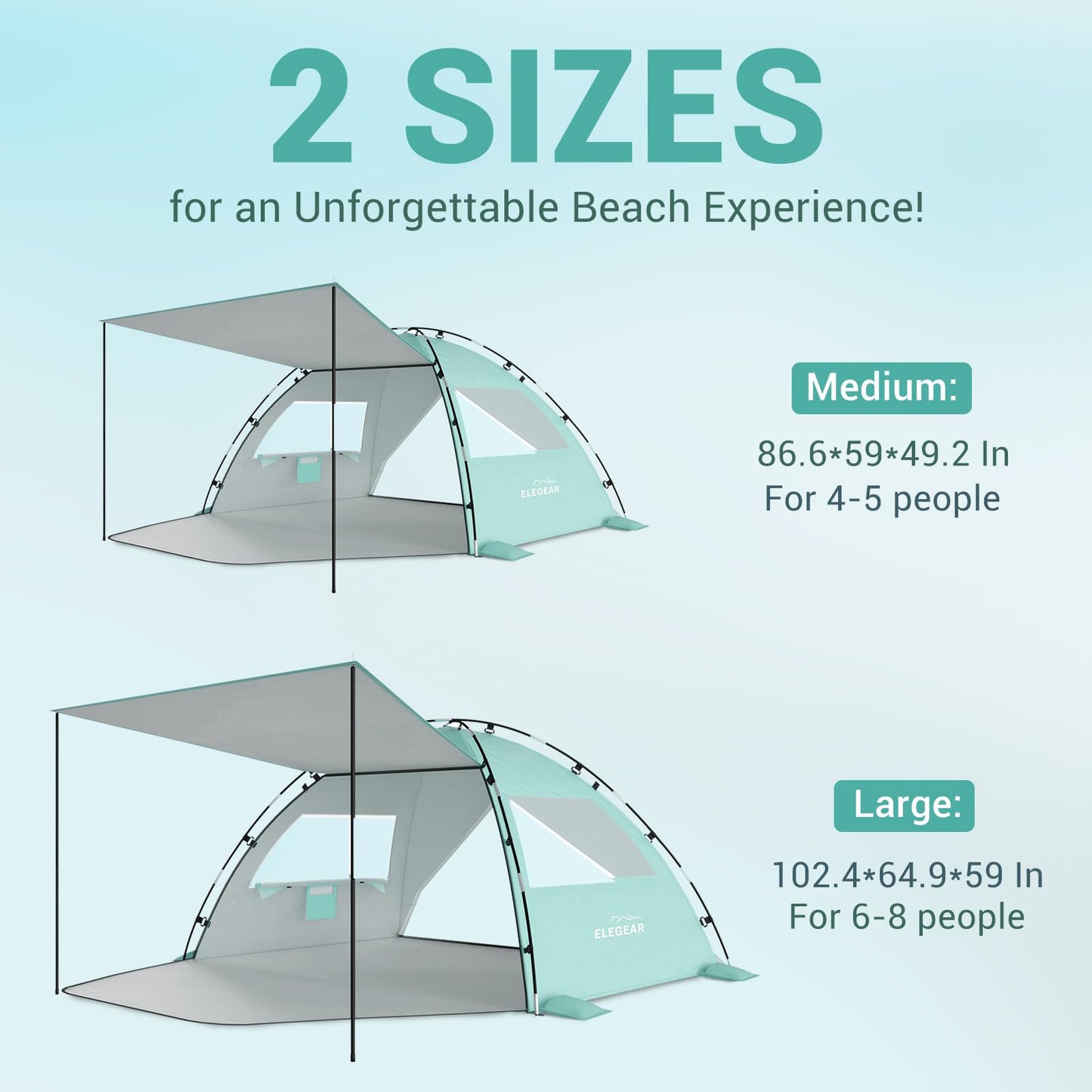 Elegear CumbreX™ Beach Tent Sun Shelter with Canopy, 6-8 Person Pop Up Beach Tent, Easy Setup UPF 50+ UV Protection Portable Lightweight Double Silver Coating Cabana Sun Shade Shelter - Green