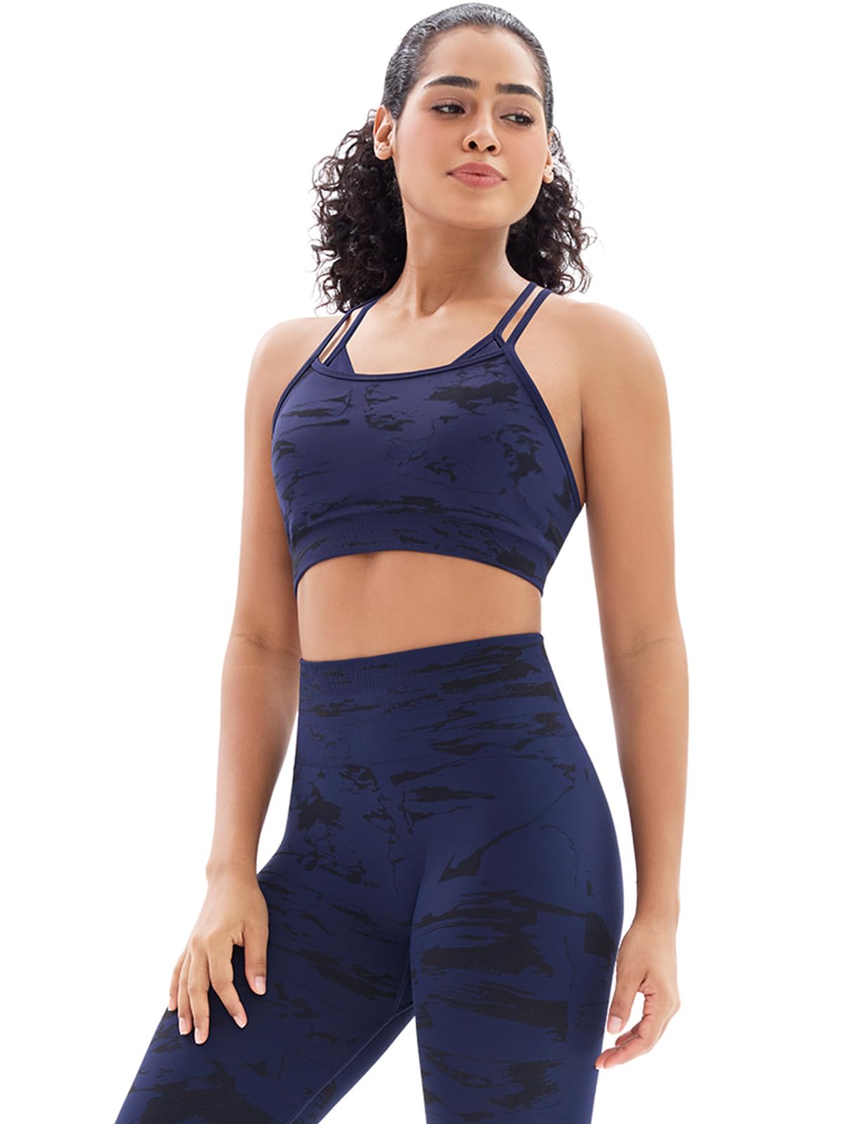 Workout Sets for Women 2 Piece High Waisted Gym Sets with Adjustable Athletic Yoga Sports Bra High Impact (SP8090M-Navy)