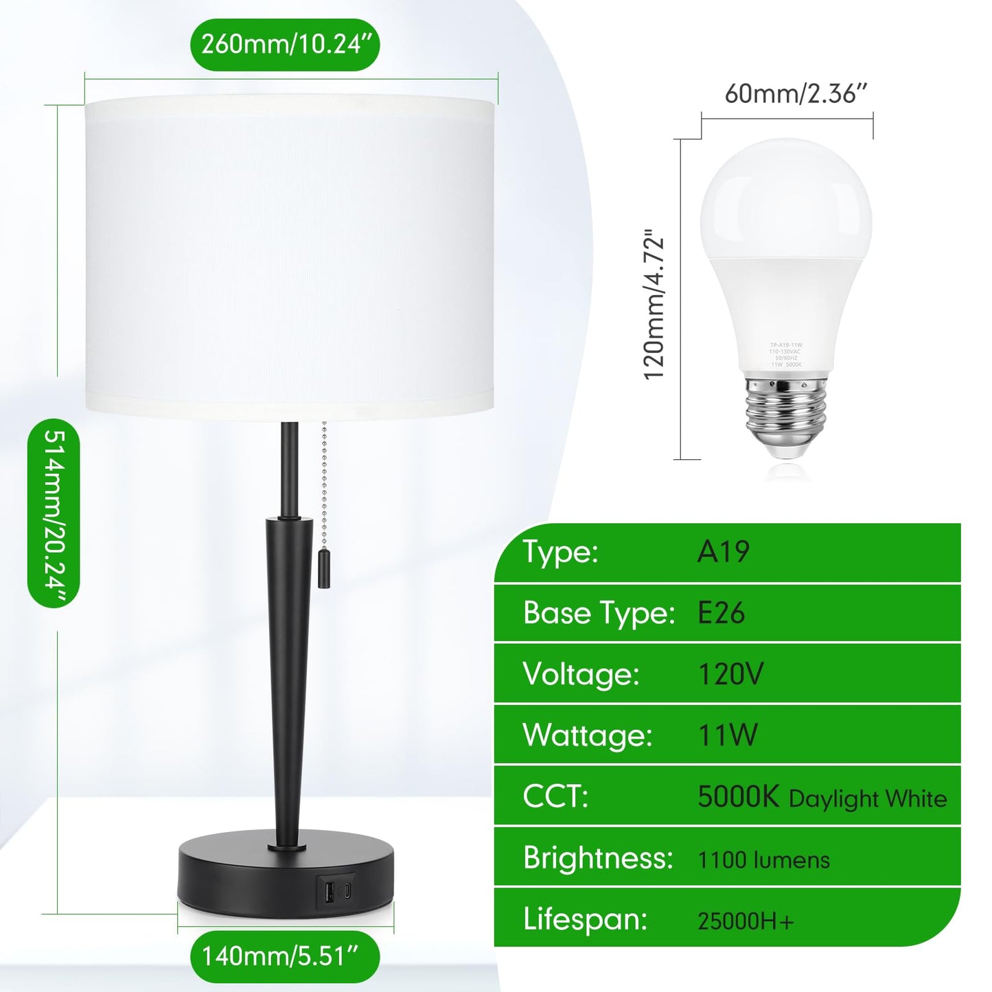 GGOYING Set of 2 Nightstand Lamp,Pull Chain Bedside Table Lamp with USB C+A Charging Ports,5000K LED Bulbs,White Fabric Lampshade for Bedroom,Livingroom