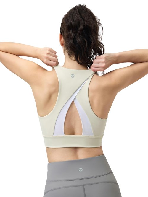 AARYA Women Crisscross Back Sports Bra Soft Breathable Workout Crop Top Low Impact Athletic Bra for Yoga Lounge & Daily Wear(Beige,Medium)