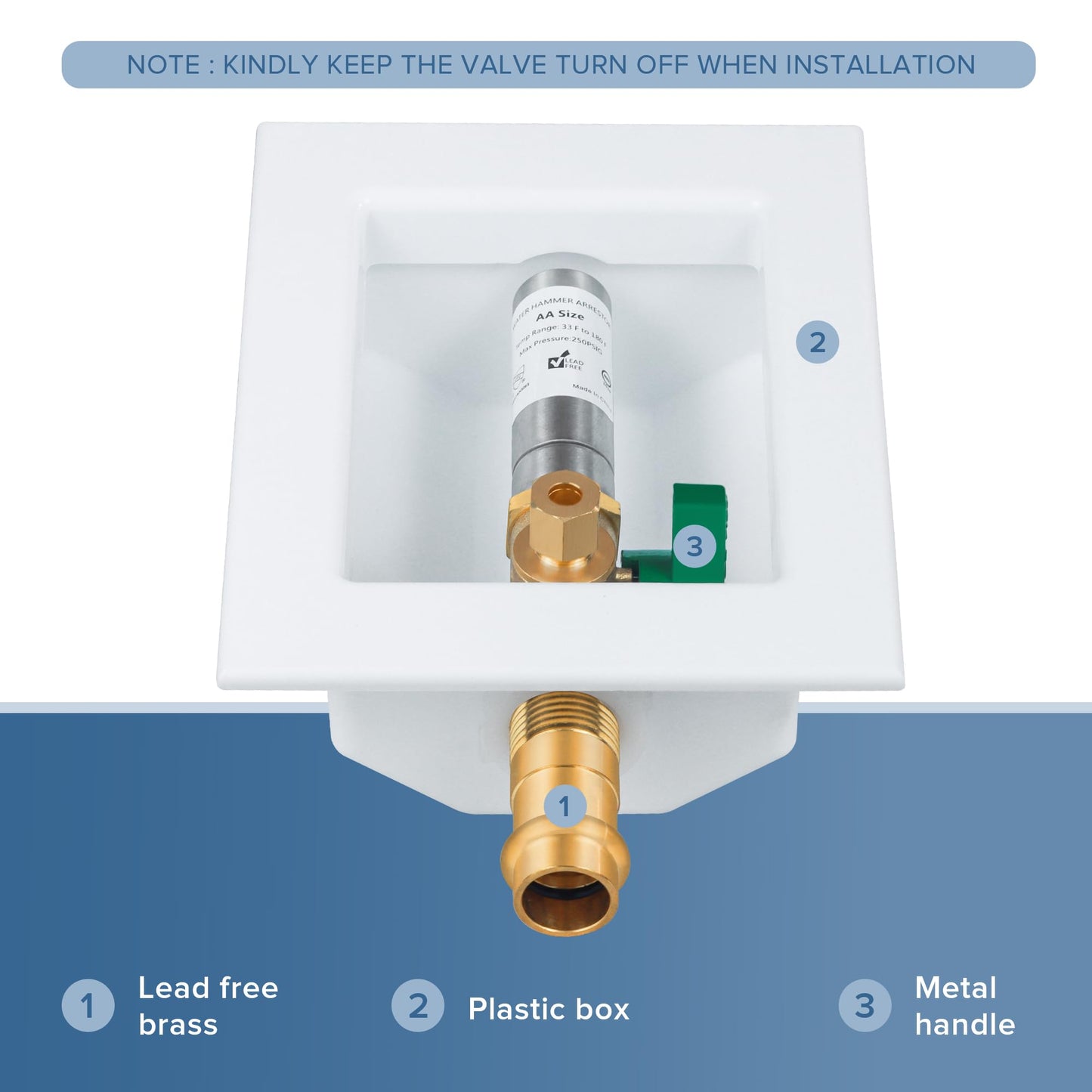 SECKWHALE Ice Maker Outlet Box with Water Hammer Arrestor, 1/2-Inch Press x 1/4-Inch OD Compression with 1/4-Turn Ball Valve, Ice Maker Valve Wall Box with Faucet, Absorb Shock and Reduce Noise