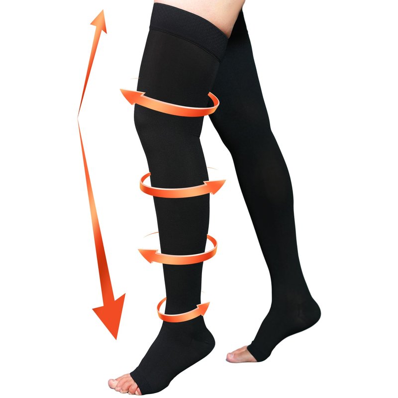 20-30 mmHg Compression Stockings for Women & Men, Thigh High Compression Socks Open Toe, Silicone Dot Band (Black, Large)