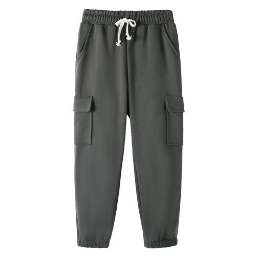 HILEELANG Little Boys Cargo Sweatpants 3 Pack - Kids Cotton Blend Joggers Black Grey Blue with Pockets Elastic Waistband, Pull-On Athletic Pants for School Sports 6Y