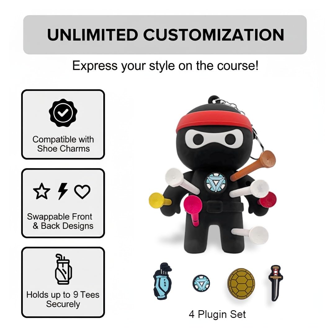 FAR&STRAIGHT Ninja Golf Tee Holder | Interchangeable Plugins | Funny & Unique Golf Gift | Personalized Accessory (4 Plugins)