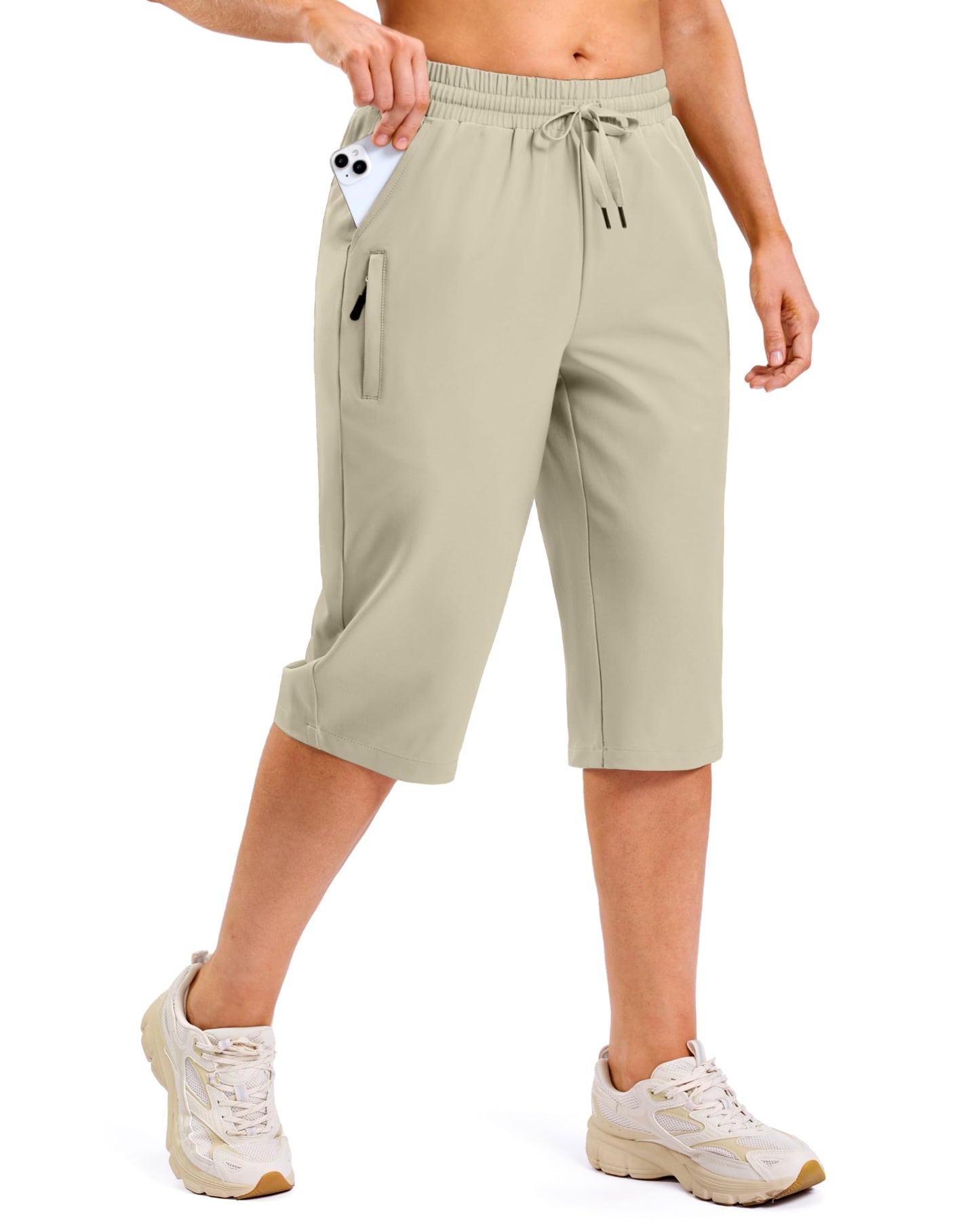 G Gradual Women's 15" Long Shorts Below The Knee Capri Lightweight Quick Dry Hiking Cargo Shorts for Women with 3 Pockets(Khaki,L)