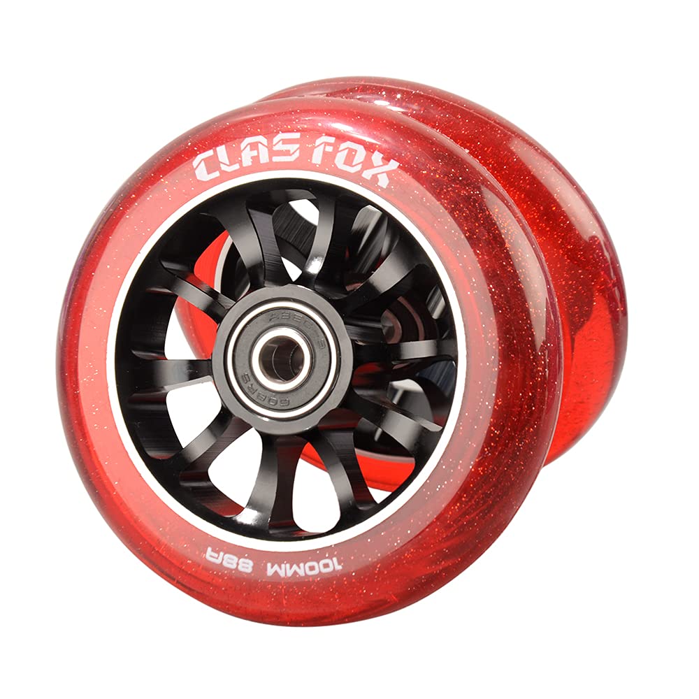 CLAS FOX Pro Scooter Wheels 100mm Transparent Sparkle PU with ABEC-9 Bearings CNC Metal Core (2pcs) (Red)