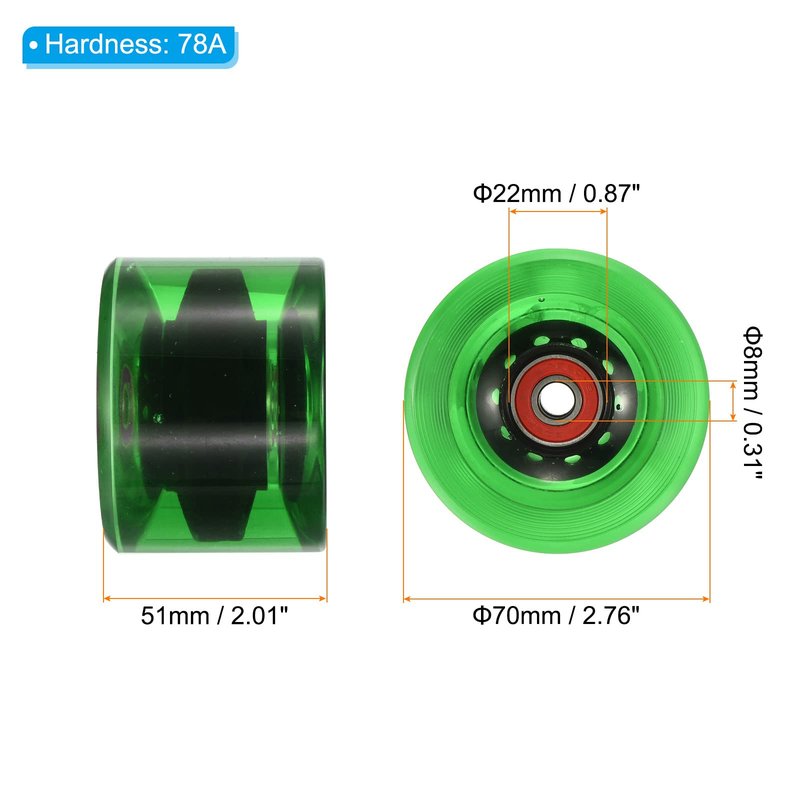 PATIKIL 70mm 78A Longboard Wheels with Red ABEC-9 Bearings, 4 Pack Soft Cruiser Wheels Street Wheels for Skateboards Skateboard Wheel PU, Clear Green