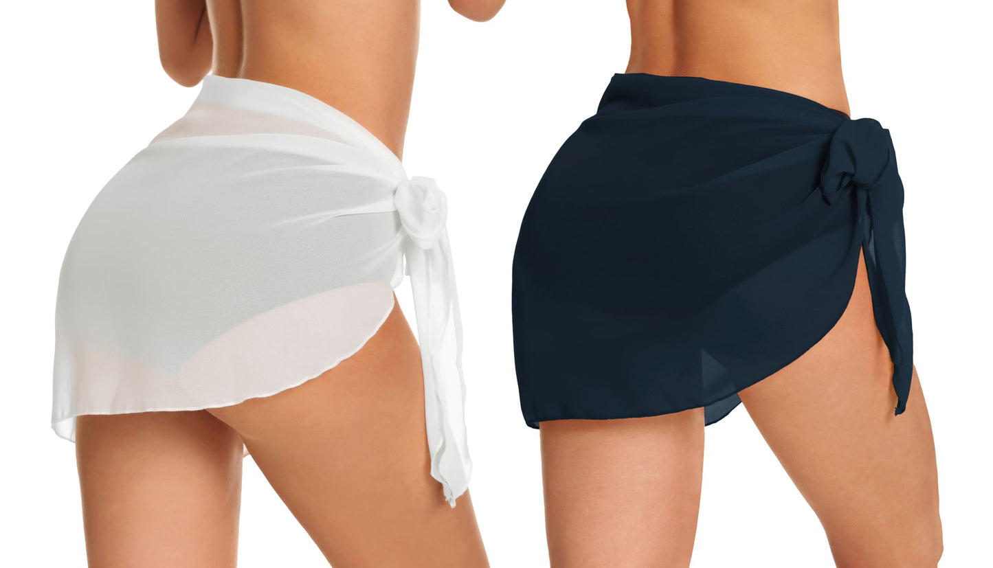 2 Pieces Sarong Cover Ups for Women Beach Bathing Suit Wrap Sheer Short Skirt Bikini Chiffon Scarf for Swimwear (White Navy Blue