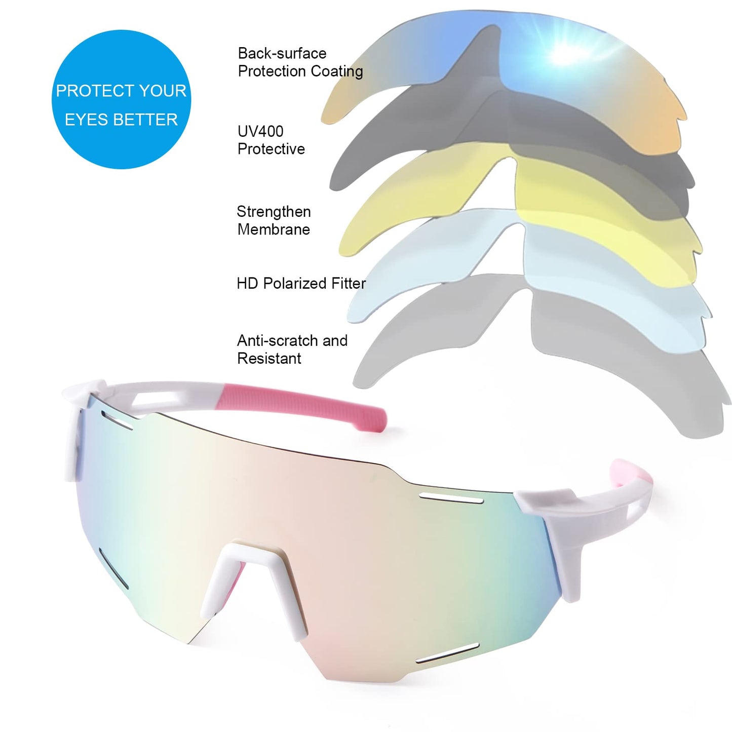 KFPH Polarized Sports Sunglasses for Women Bike Glasses Cycling Driving Fishing Mountain Bike Sunglasses UV400 Protection, White/Pink Lenses