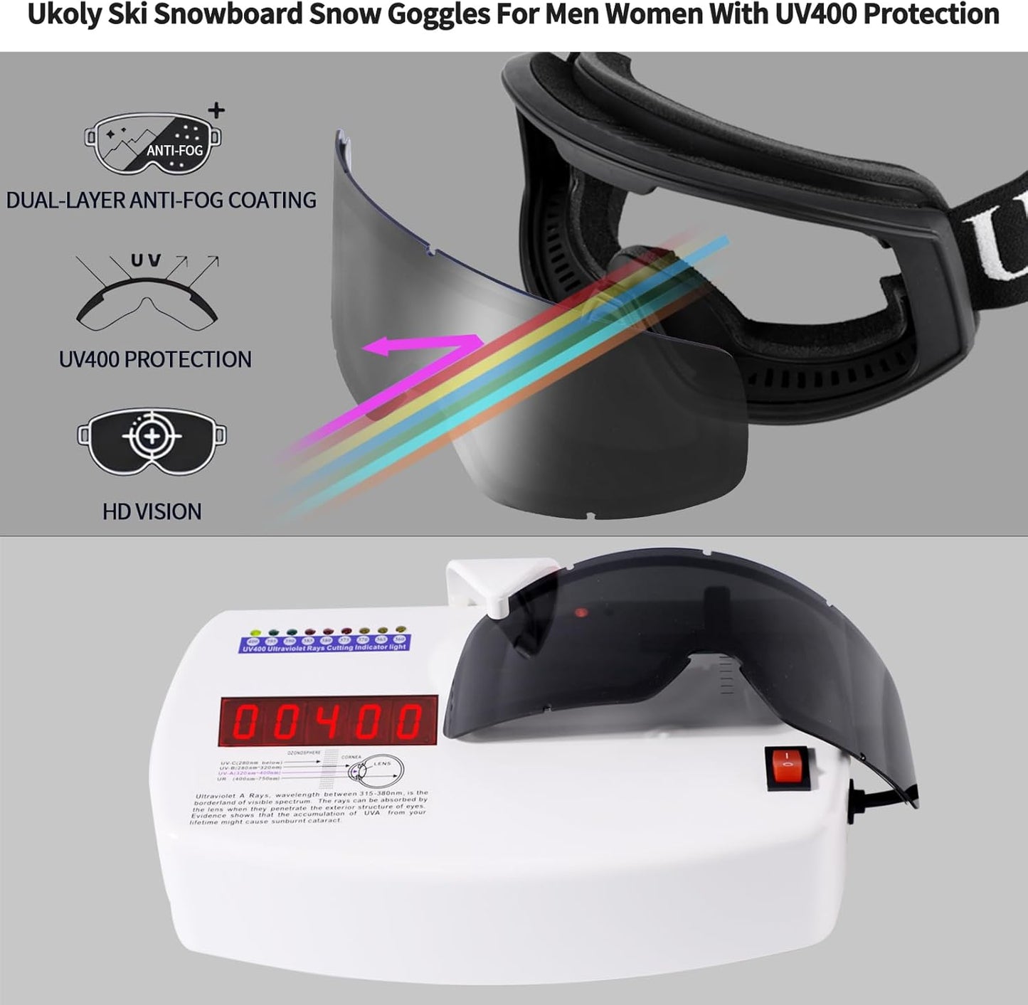 Ukoly Ski & Snowboard Goggles - HD Anti-Fog Lens, UV400 Protection, OTG Design for Men & Women