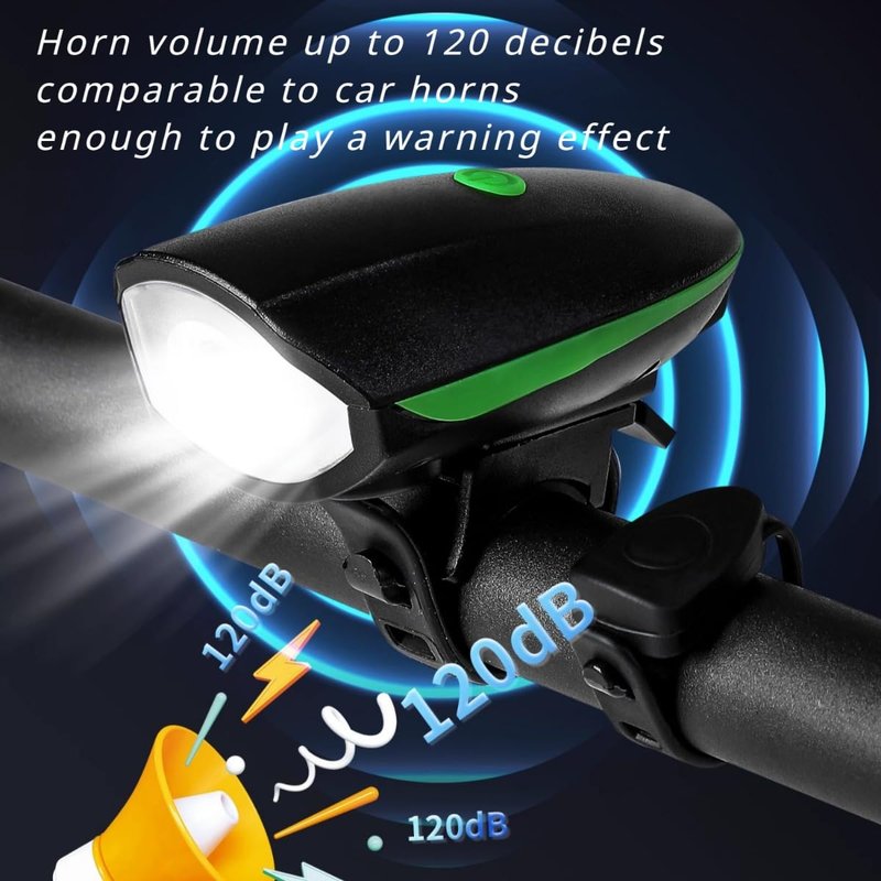 Bicycle Light and Bell Set High Lumens Bike Headlight with Horn USB Rechargeable and Waterproof (Black)