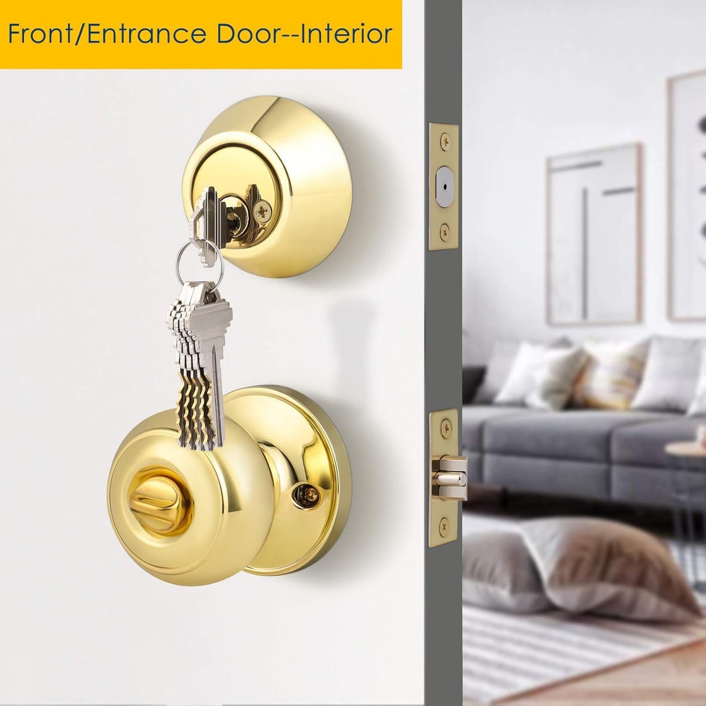 Brotima 4 Pack Round Polished Brass Entry Door Knobs and Deadbolt Combination Set, Double Cylinder Deadbolt Door Lock Set, Keyed Alike, ANSI Grade 3 Security, 250,000 Cycles