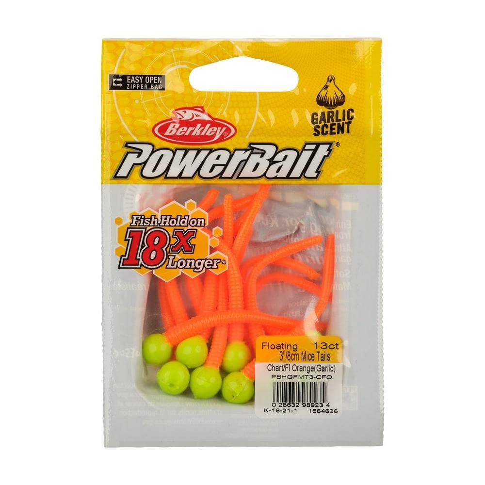 Berkley PowerBait Floating Mice Tails Fishing Bait, Chartreuse/Fluorescent Orange, 3in | 8cm, Irresistible Scent & Flavor, Lifelike Presentation, Ideal for Trout, Bluegill, Crappie, Perch and More