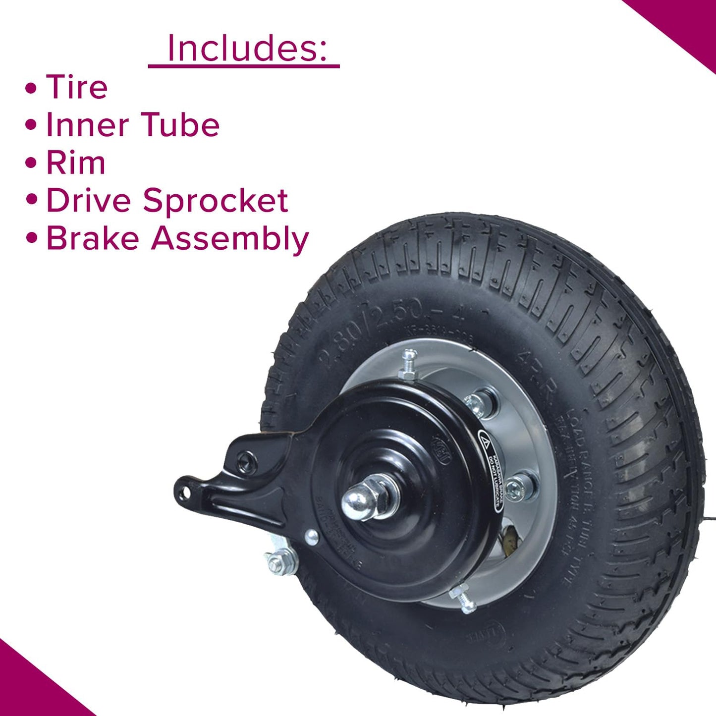 AlveyTech Rear Wheel Assembly for the Razor E300 Scooter (Versions 41+) - Wheels Include 2.80/2.50-4 Tire, Inner Tube, Rim, Drive Sprocket, Brake Assembly, Replacement Parts For Ver. 41 and up