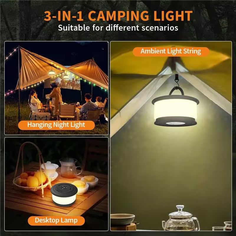 TOHETO Camping String Lights, 3 in 1 Upgraded Retractable RGB Outdoor String Lights with 19 Lighting Modes, Quick 30s Recovery, 32.8 FT Portable Tent Lights, Rechargeable Camping Lantern (Black)