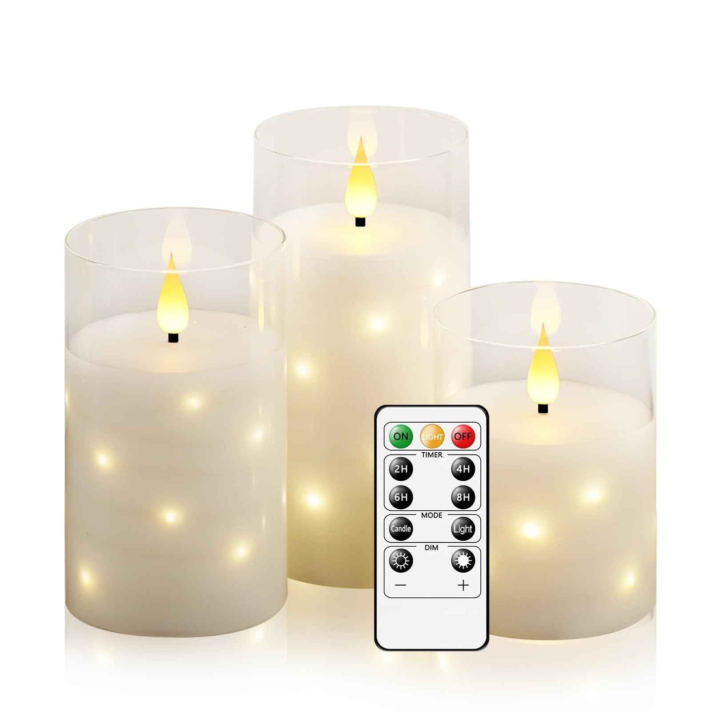 Nimiko Real Wax Flameless Candles Glass,Battery Operated LED Candles with Flickering Flame,Glass Shell,Interior Star Light Decoration Set of 3 White (D3×H 4" 5" 6") for Home Decor,Holiday Decoration