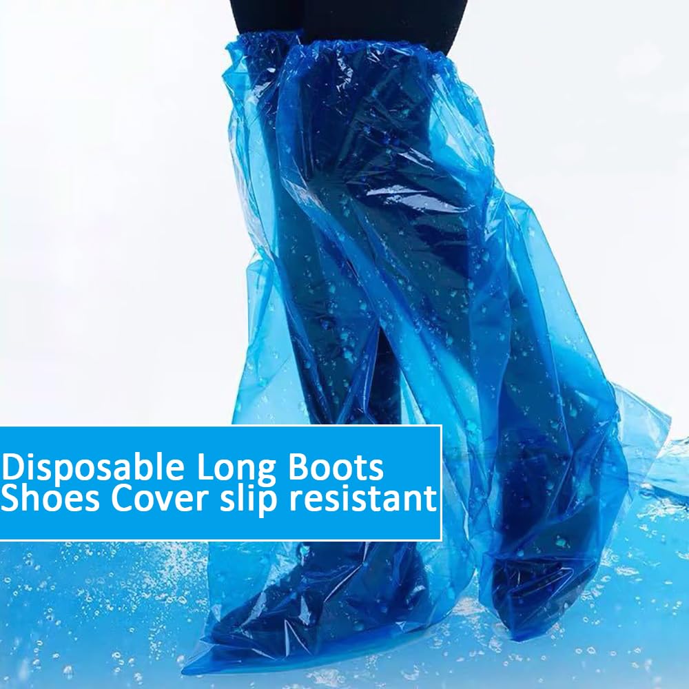 Disposable Shoe Covers Blue Rain Shoes and Boots Cover Plastic Long Shoe Cover Clear Waterproof Anti-Slip Overshoe for Women Men Water Boots Cover Rainy Day Use Cover (20 Pack(10 Pairs))