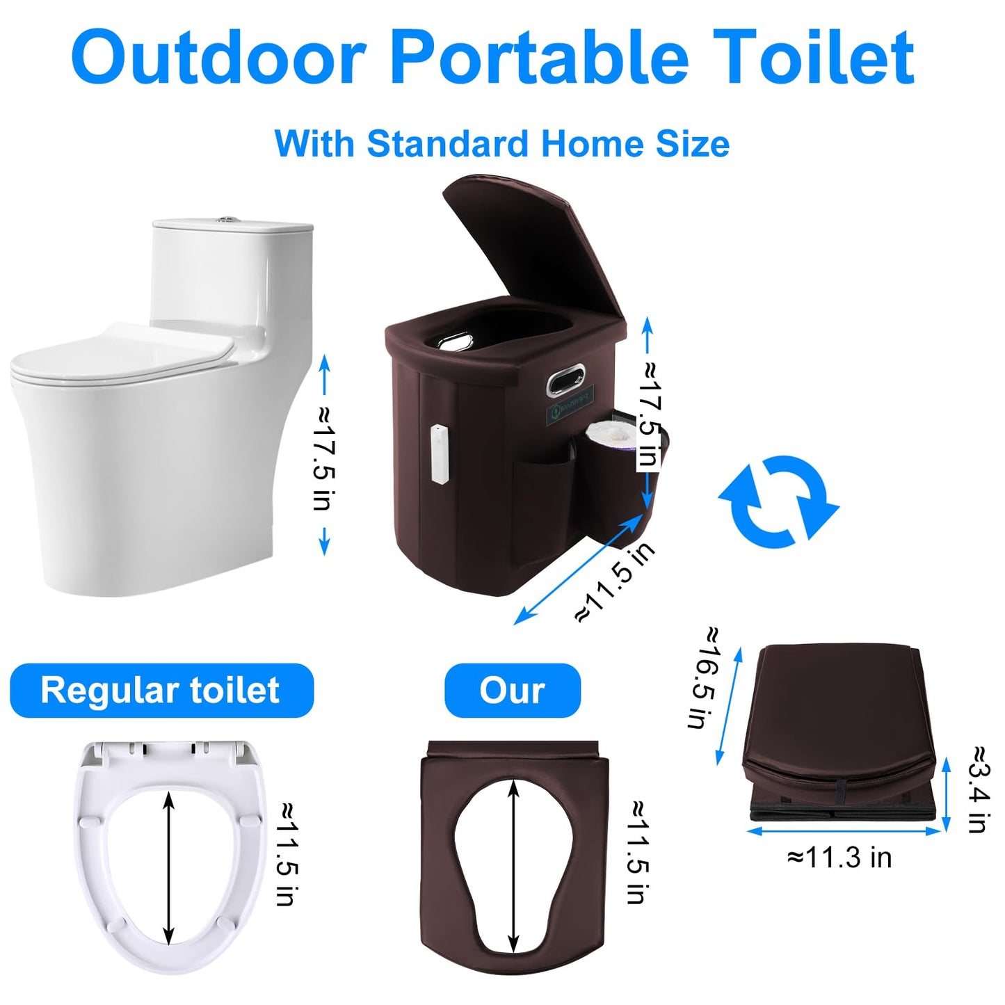 Brarvagur Upgrade XXL Portable Toilet Camping for Adults,17.5" Foldable Camping Toilet Portable, Portative Travel Toilet with Night Sensor Light,Aroma Patch,Handbag for Hiking, Car, Boat, Tent (Back)
