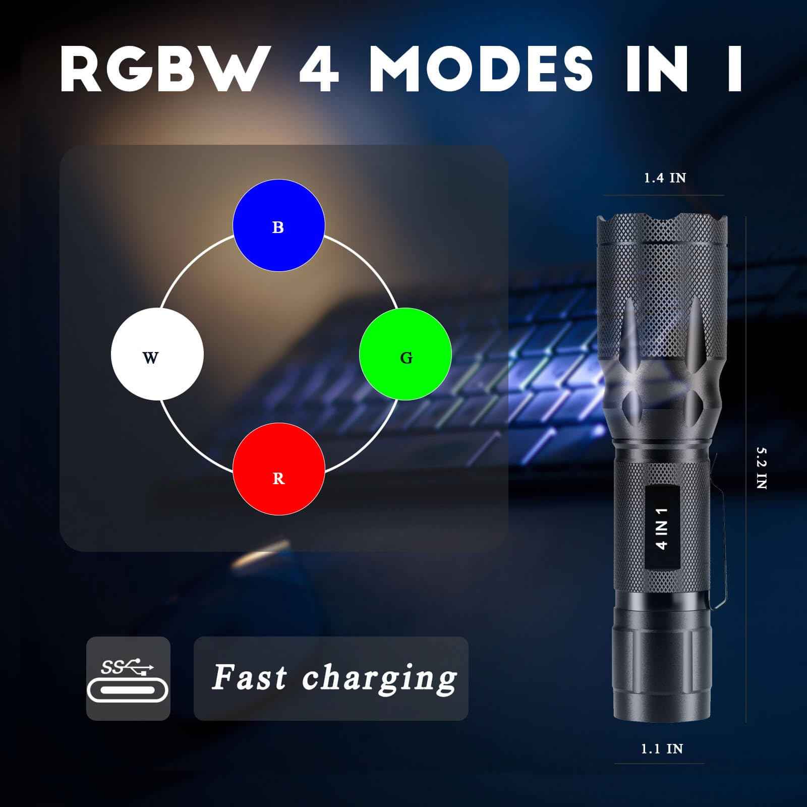 METII Multicolor Flashlight Rechargeable, Red, Green, Blue & White Light 4 Modes, for Astronomy, Camping, Night Observation