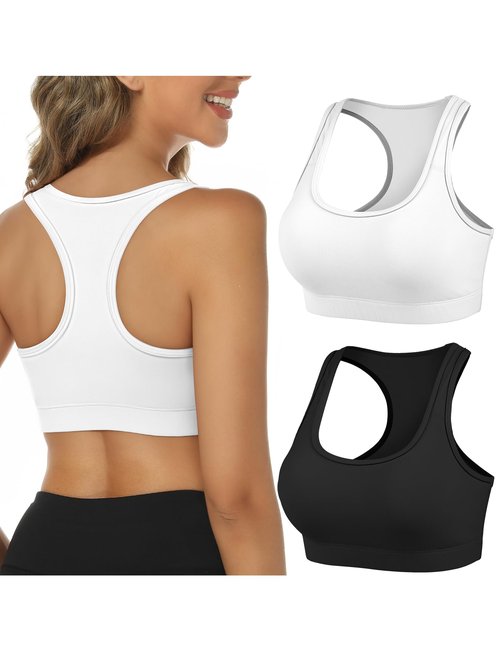 Buauty 2 Packs Sports Bras for Women,Medium Support Sports Bra Push Up Racerback, Yoga Gym Athletic Bras, Compression Bra with Built Workout Bras, Black+White M
