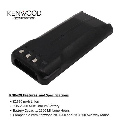 Kenwood KNB-69L Rechargeable Battery Pack, 7.4V 2550mAh — Up to 15-Hour Use, Works with KSC-35SK, Fits NX-1200/1300 & TK-D240/340 Families