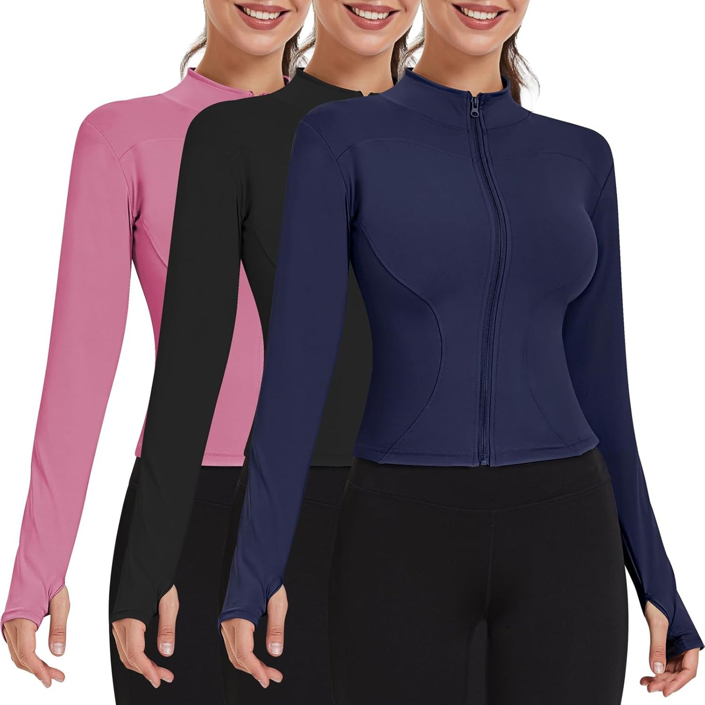 Shyyween Women's Workout Jacket - Slim Fit Cropped Zip-Up Athletic Top with Thumb Holes | 3 Pack