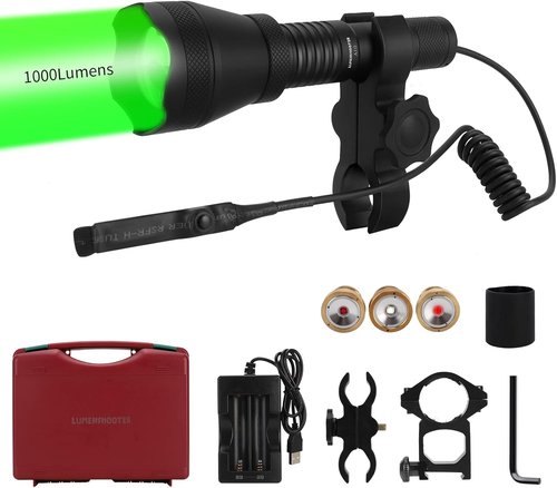 LUMENSHOOTER A10 Green Hunting Light - 1000 Lumens Zoomable Flashlight with Rubber Halo Shield | Red & White 850nm IR Torch