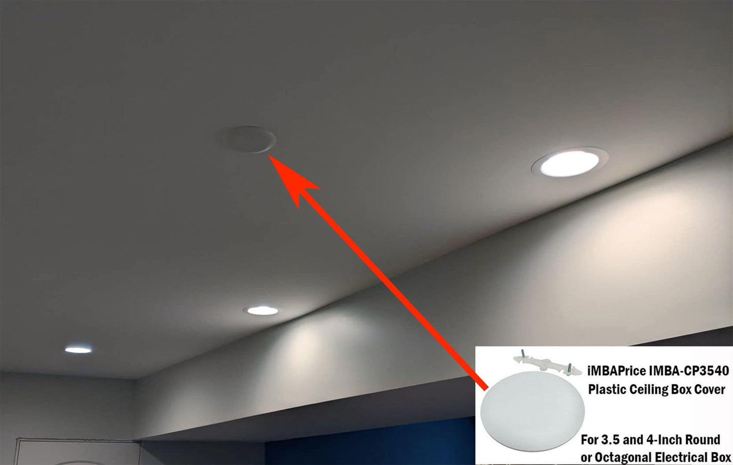 iMBAPrice IMBA-CP3540-2 Textured White Plastic Ceiling Box Cover Plate for 3-1/2" & 4" Round or Octagon Electrical Boxes, Invisible Mounting Screws, 2-Pack