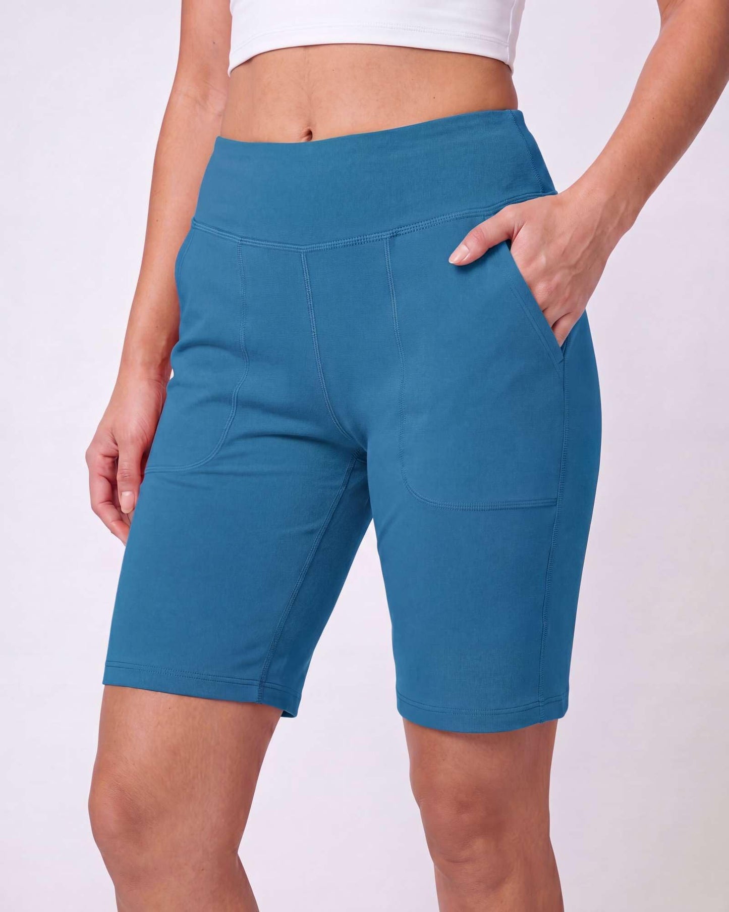 Real Essentials 4 Pack: Women's 9" Bermuda Long High Waisted Shorts with Pockets Casual Workout Athletic (Available in Plus) - Set 7, S