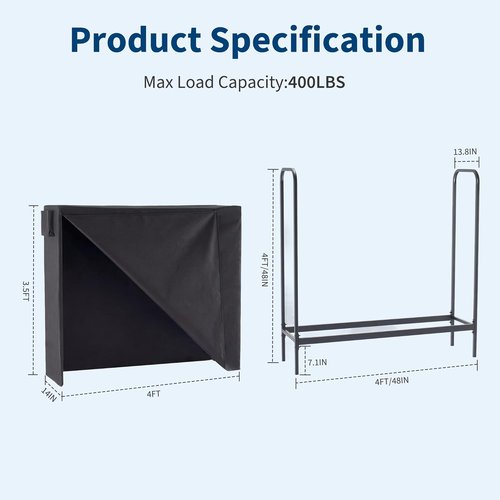 DUMOS Heavy Duty Firewood Storage Rack - 4FT Log Holder with Cover & Zipper for Indoor/Outdoor Use