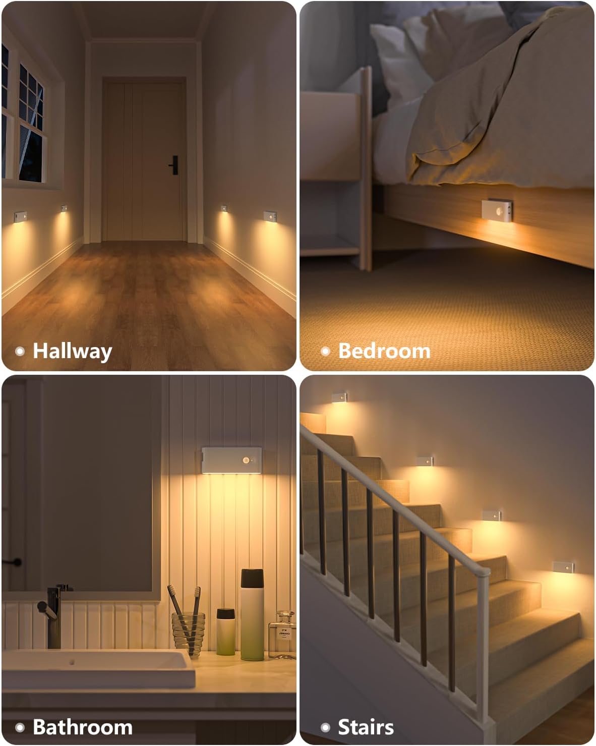 Rechargeable Motion Sensor Night Light - Wireless Battery-Powered LED for Hallway, Stairway & Bathroom - 6 Pack
