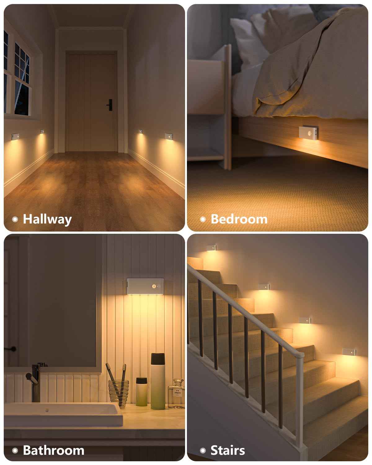 WILLED Motion Sensor Night Light, Rechargeable Stair Lights Indoor, Warm White Motion Sensor Light Indoor, Battery Operated Night Light for Hallway, Stairway, Bathroom, Bedroom, Kitchen, 3 Pack