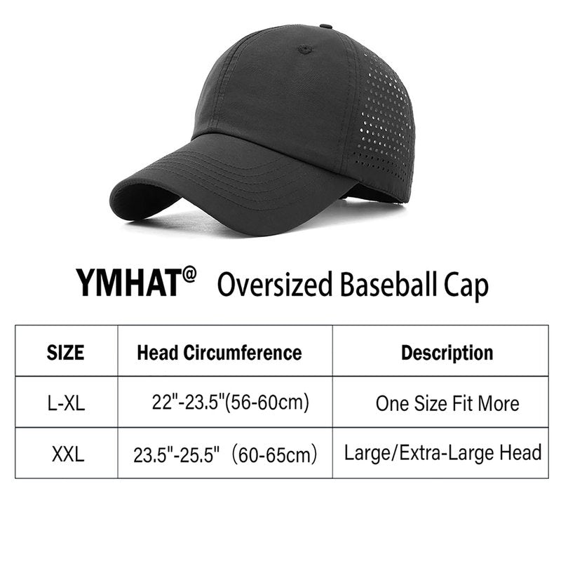 Oversized XXL XL Men's Basebal Cap Waterproof Quick Drying Large Hat Mesh Big Head Hats Adjustable Running Hat Black